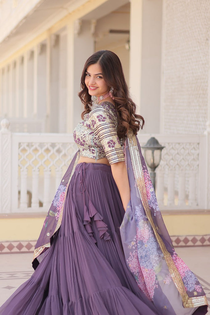 Faux Georgette Lavender Lehenga Choli Set with Sequin Embroidery and Digital Print Dupatta ClothsVilla