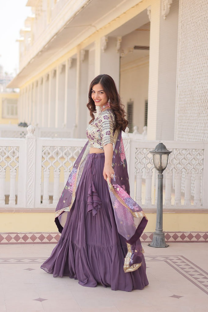 Faux Georgette Lavender Lehenga Choli Set with Sequin Embroidery and Digital Print Dupatta ClothsVilla