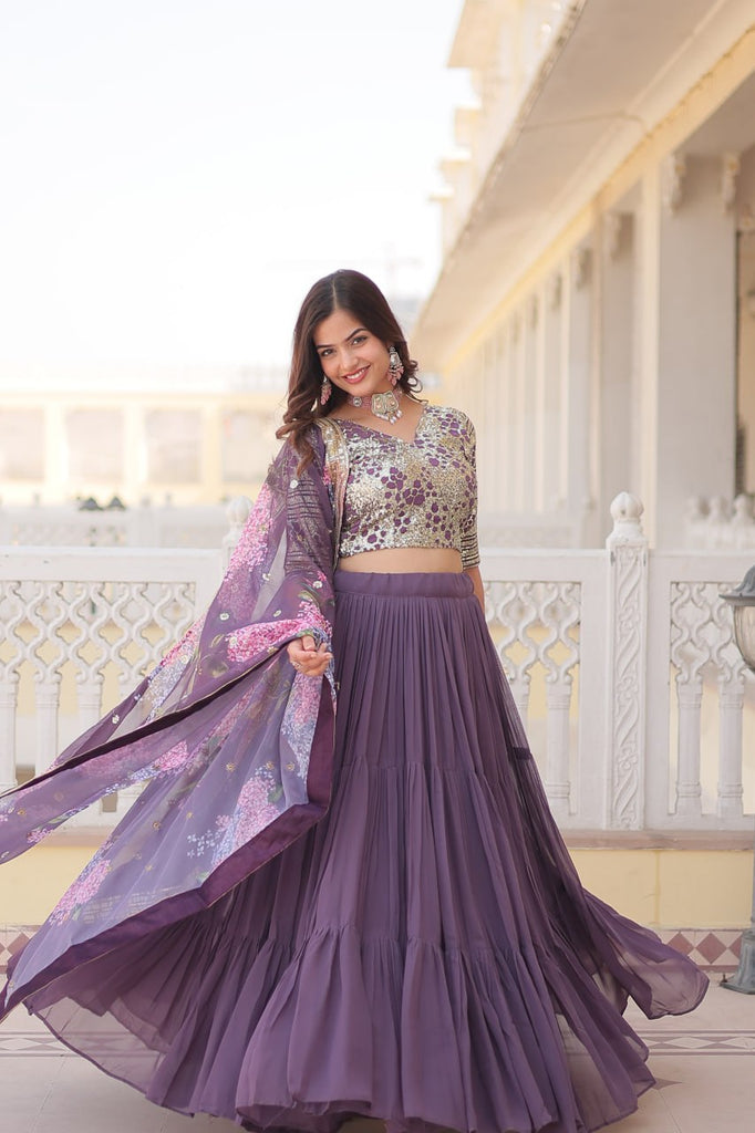 Faux Georgette Lavender Lehenga Choli Set with Sequin Embroidery and Digital Print Dupatta ClothsVilla