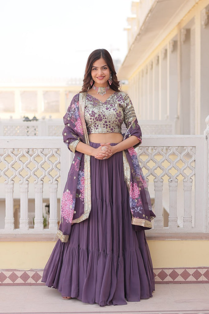 Faux Georgette Lavender Lehenga Choli Set with Sequin Embroidery and Digital Print Dupatta ClothsVilla