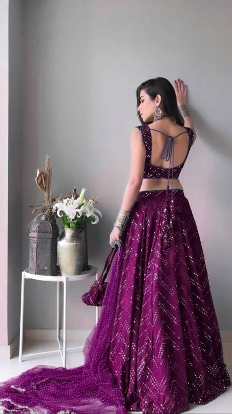 Faux Georgette Dark Purple Lehenga Choli Dupatta Set with Th