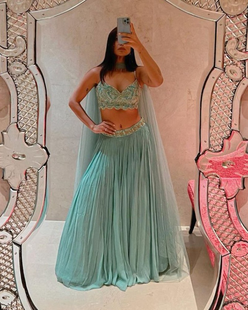 Faux Georgette Sky Blue Lehenga Choli Dupatta Set with Crush Work, Zari Embroidery & Hook Beadwork Secondary image