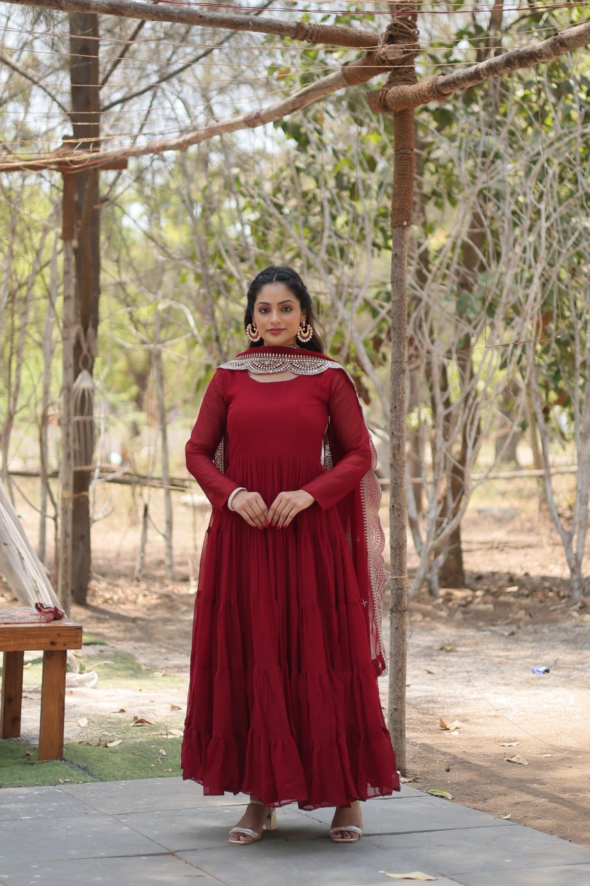 Faux Georgette Maroon Gown with Cascading Frills and Sequin Dupatta Secondary image
