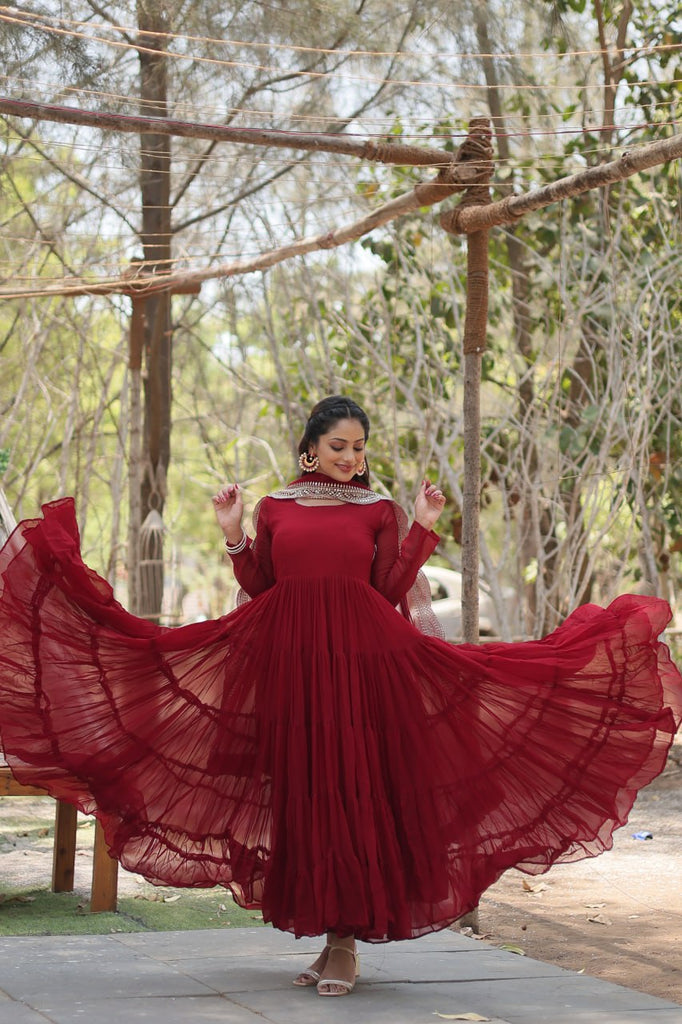 Faux Georgette Maroon Gown with Cascading Frills and Sequin Dupatta ClothsVilla