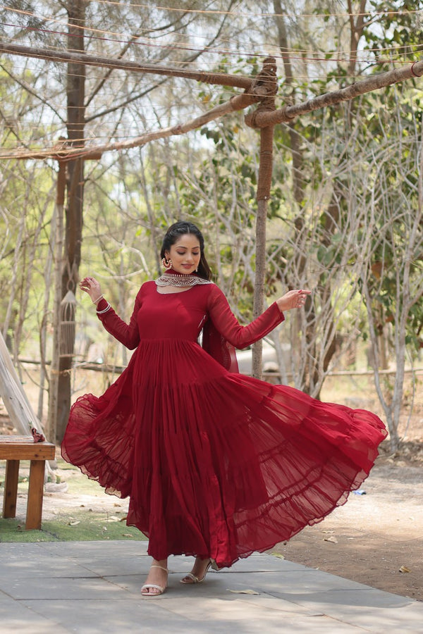 Faux Georgette Maroon Gown with Cascading Frills and Sequin Dupatta ClothsVilla