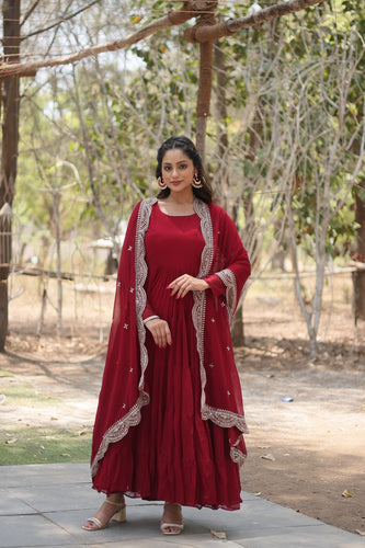 Faux Georgette Maroon Gown with Cascading Frills and Sequin Dupatta ClothsVilla