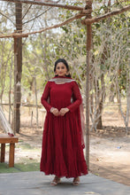 Load image into Gallery viewer, Faux Georgette Maroon Gown with Cascading Frills and Sequin Dupatta ClothsVilla