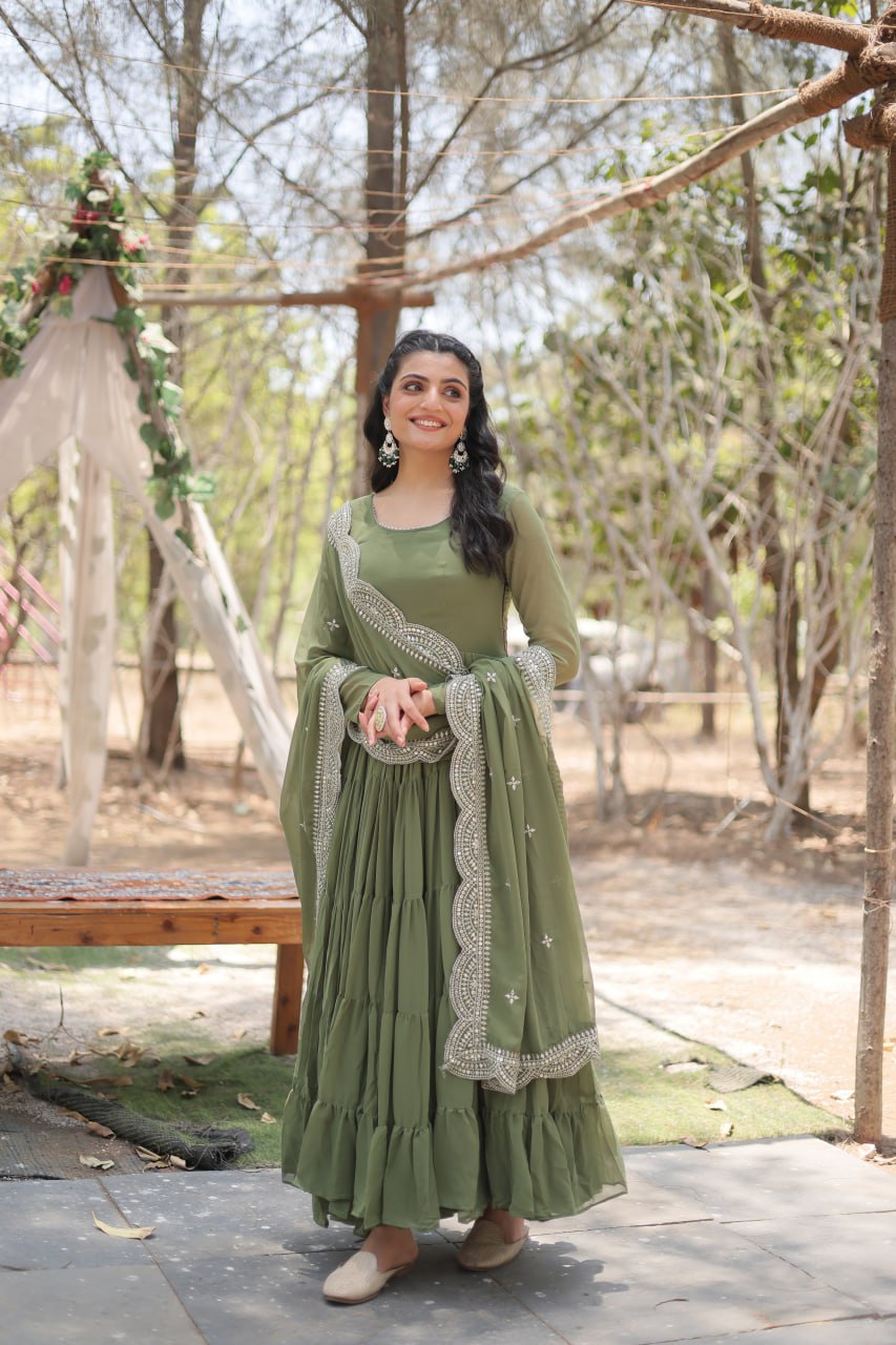 Faux Georgette Mehendi Color Gown with Cascading Frills and Sequin Dupatta Secondary image