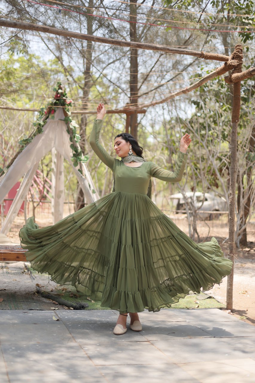 Faux Georgette Mehendi Gown with Cascading Frills and Sequin Dupatta ClothsVilla Main image