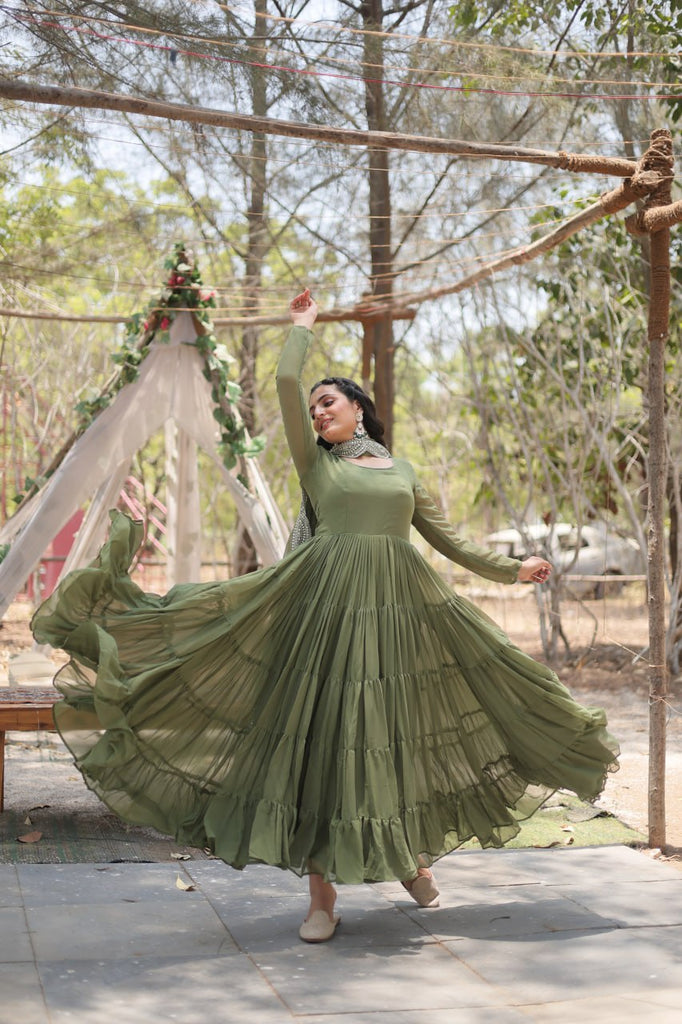 Faux Georgette Mehendi Color Gown with Cascading Frills and Faux Georgette Mehendi Color Gown with Cascading Frills and