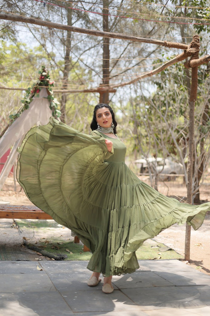 Faux Georgette Mehendi Gown with Cascading Frills and Sequin Dupatta ClothsVilla