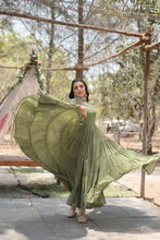 Load image into Gallery viewer, Faux Georgette Mehendi Gown with Cascading Frills and Sequin Dupatta ClothsVilla