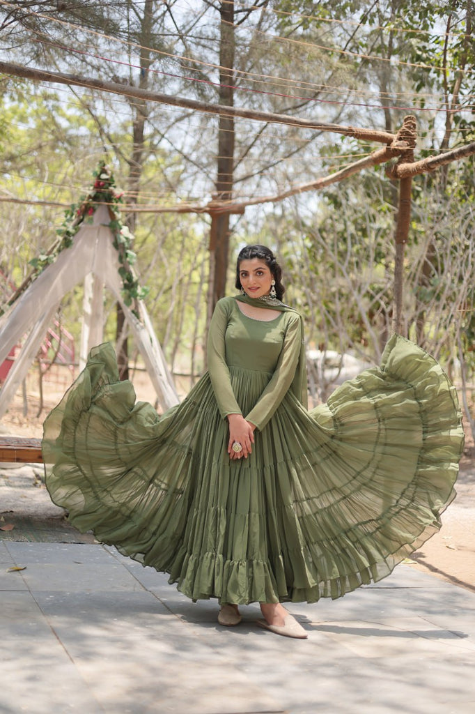 Faux Georgette Mehendi Gown with Cascading Frills and Sequin Dupatta ClothsVilla