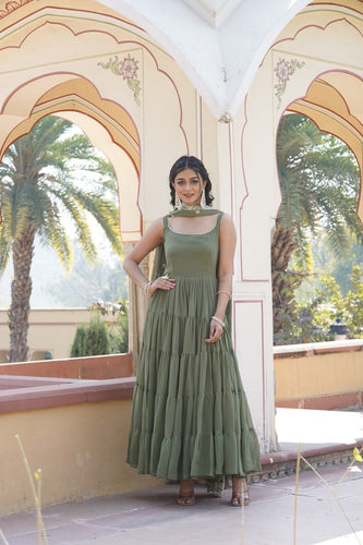 Faux Georgette Mehendi Green Gown with Designer Embroidered Dupatta ClothsVilla
