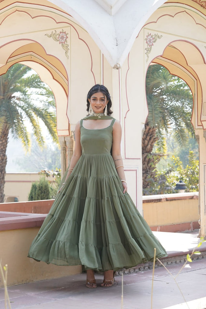 Faux Georgette Mehendi Green Gown with Designer Embroidered Dupatta ClothsVilla