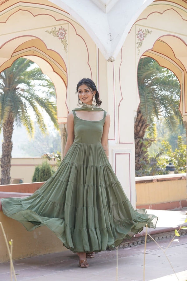 Faux Georgette Mehendi Green Gown with Designer Embroidered Dupatta ClothsVilla
