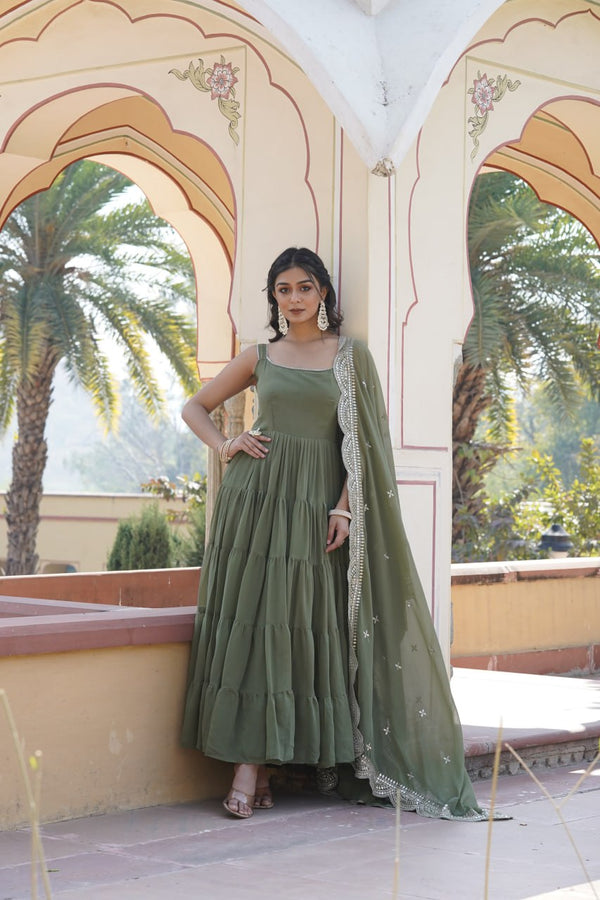 Faux Georgette Mehendi Green Gown with Designer Embroidered Dupatta ClothsVilla