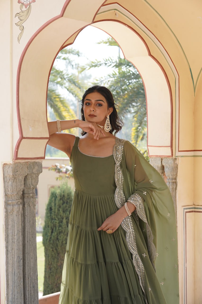 Faux Georgette Mehendi Green Gown with Designer Embroidered Dupatta ClothsVilla