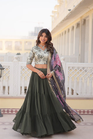 Faux Georgette Mehendi Lehenga Choli Set with Sequin Embroidery and Digital Print Dupatta ClothsVilla