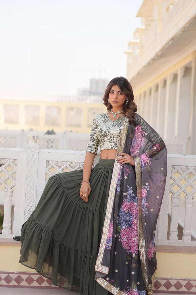 Faux Georgette Mehendi Lehenga Choli Set with Sequin Embroidery and Digital Print Dupatta ClothsVilla