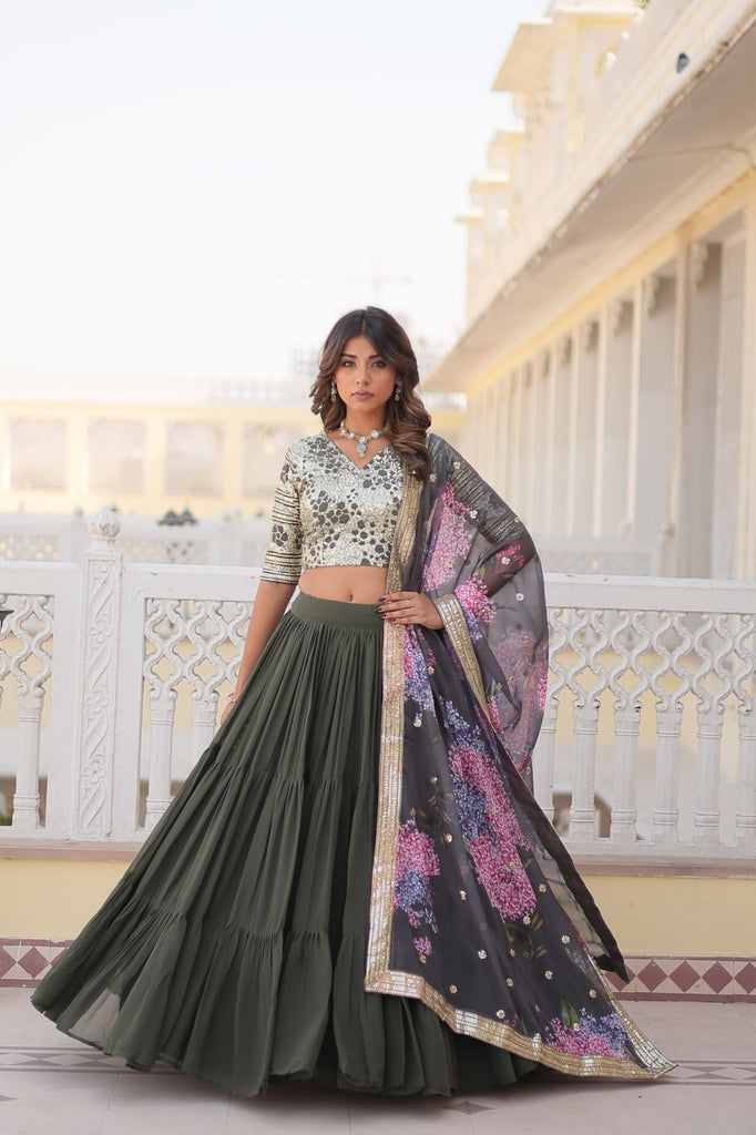 Faux Georgette Mehendi Lehenga Choli Set with Sequin Embroidery and Digital Print Dupatta ClothsVilla