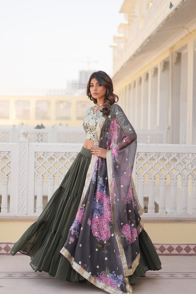 Faux Georgette Mehendi Lehenga Choli Set with Sequin Embroidery and Digital Print Dupatta ClothsVilla