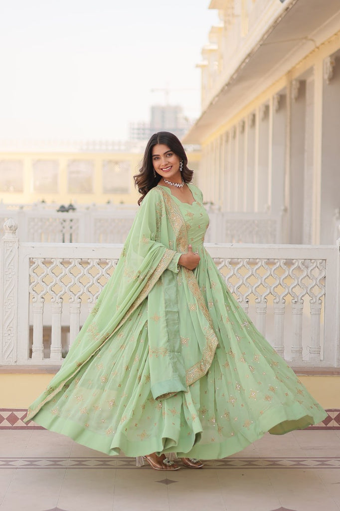 Faux Georgette Pista Green Gown with Zari Sequin Embro