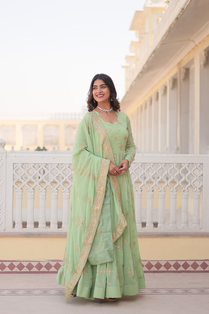 Faux Georgette Pista Green Gown with Zari & Sequin Embroidered Dupatta ClothsVilla