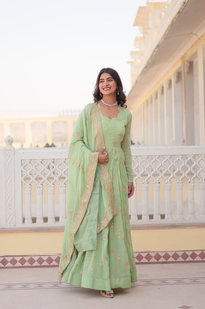 Faux Georgette Pista Green Gown with Zari & Sequin Embroidered Dupatta ClothsVilla