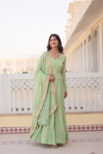 Load image into Gallery viewer, Faux Georgette Pista Green Gown with Zari &amp; Sequin Embroidered Dupatta ClothsVilla