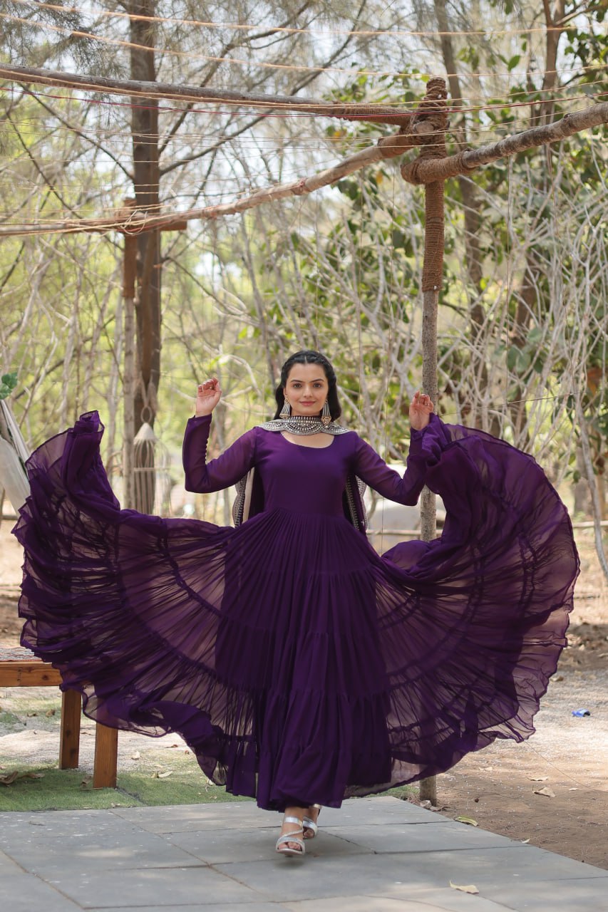 Faux Georgette Purple Gown with Cascading Frills and Sequin Dupatta Secondary image