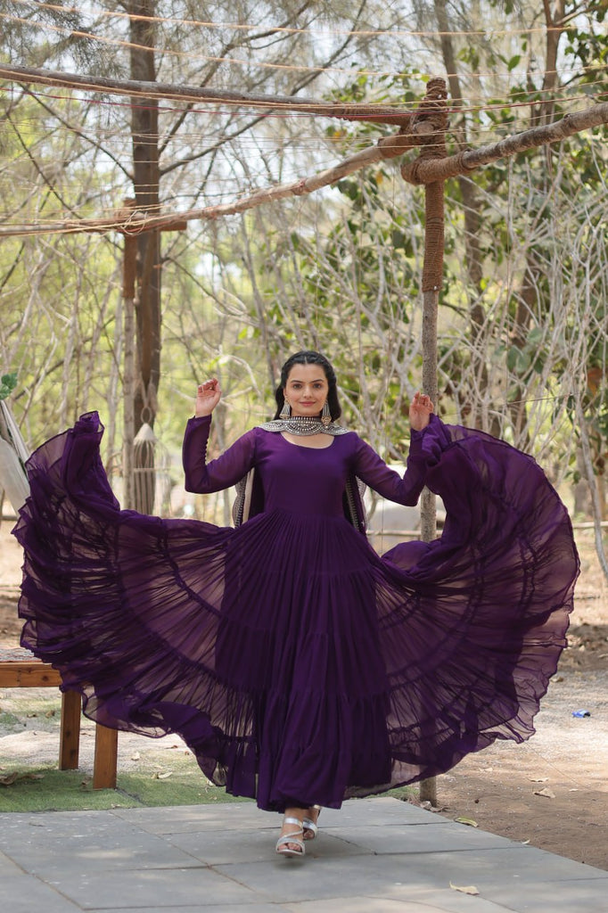 Faux Georgette Purple Gown with Cascading Frills and Sequin Dupatta ClothsVilla