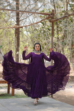 Load image into Gallery viewer, Faux Georgette Purple Gown with Cascading Frills and Sequin Dupatta ClothsVilla