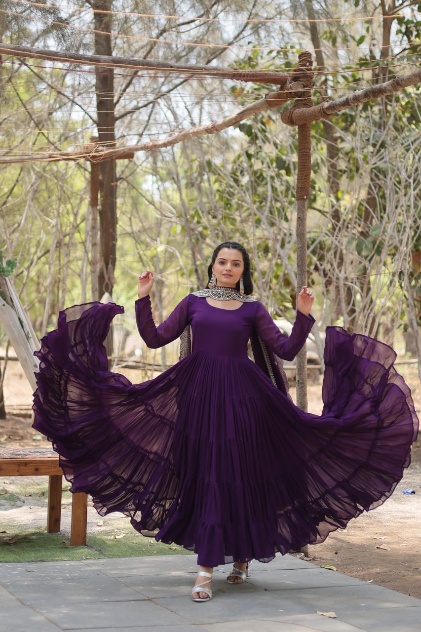 Faux Georgette Purple Gown with Cascading Frills and Sequin Dupatta ClothsVilla