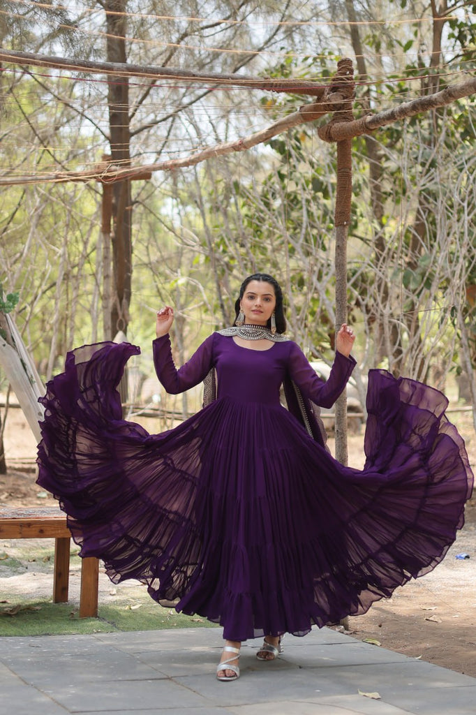 Faux Georgette Purple Gown with Cascading Frills and Sequin Dupatta ClothsVilla