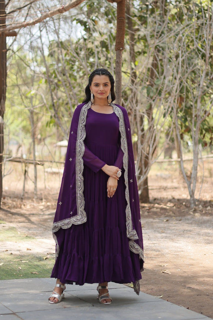 Faux Georgette Purple Gown with Cascading Frills and Sequin Dupatta ClothsVilla