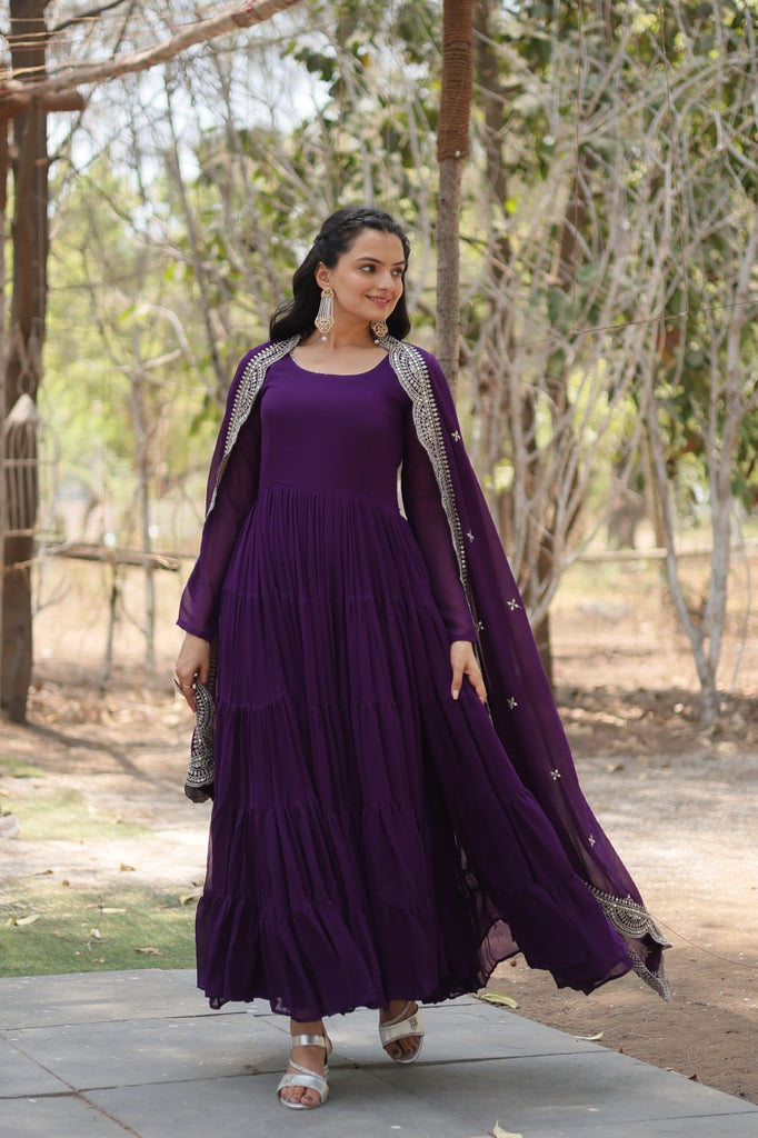 Faux Georgette Purple Gown with Cascading Frills and Sequin Dupatta ClothsVilla