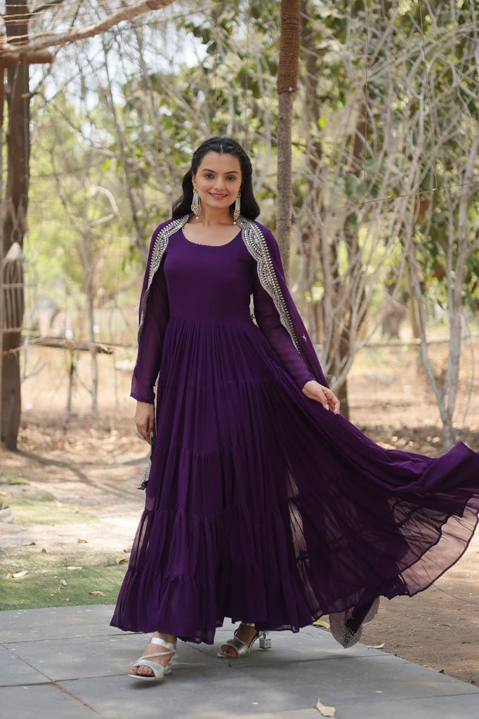 Faux Georgette Purple Gown with Cascading Frills and Sequin Dupatta ClothsVilla