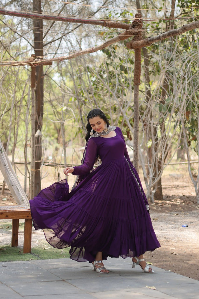 Faux Georgette Purple Gown with Cascading Frills and Sequin Dupatta ClothsVilla