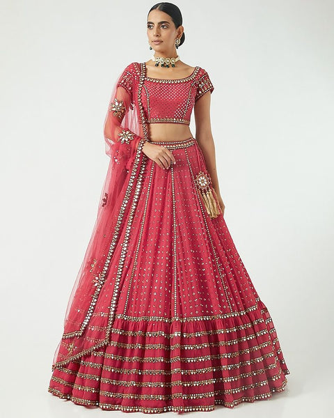 Faux Georgette Red Lehenga Choli Dupatta Set with Sequin & Jari Embroidery, 4 Meter Flair ClothsVilla Main image