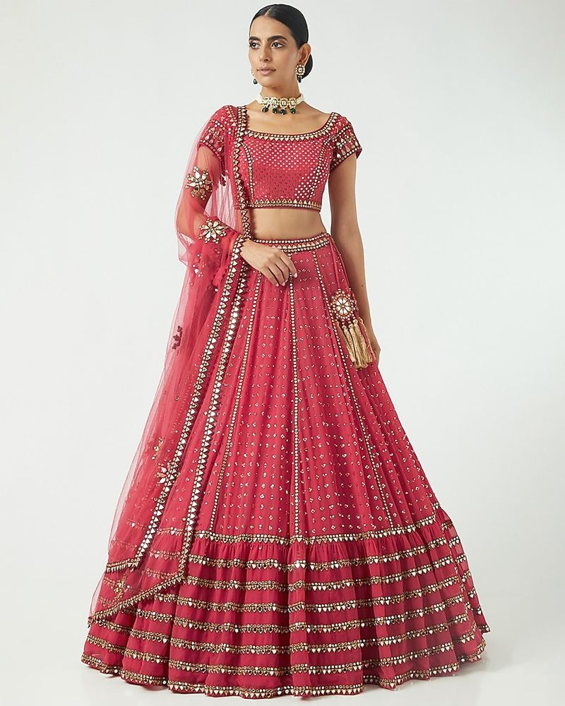 Faux Georgette Red Lehenga Choli Dupatta Set with Sequin & Jari Embroidery, 4 Meter Flair ClothsVilla