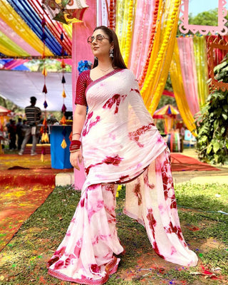 Faux Georgette Saree with Digital Print, Sequined Embroidery & Lace Work ClothsVilla