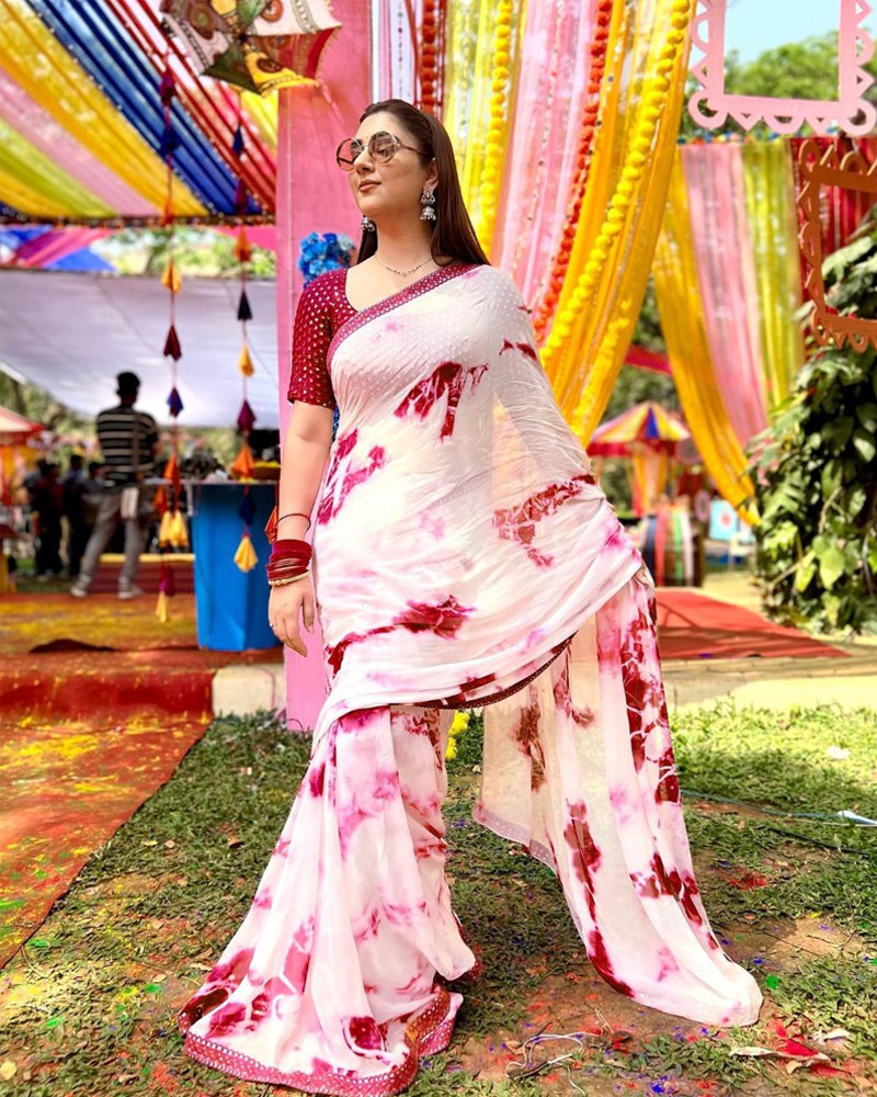 Faux Georgette Saree with Digital Print, Sequined Embroidery & Lace Work ClothsVilla Main image