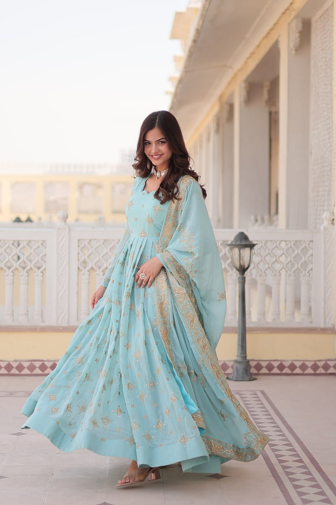 Faux Georgette Sky Blue Gown with Zari & Sequin Embroidered Dupatta ClothsVilla