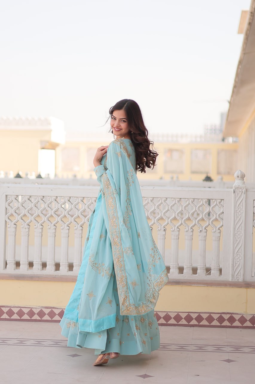 Faux Georgette Sky Blue Gown with Zari & Sequin Embroidered Dupatta ClothsVilla
