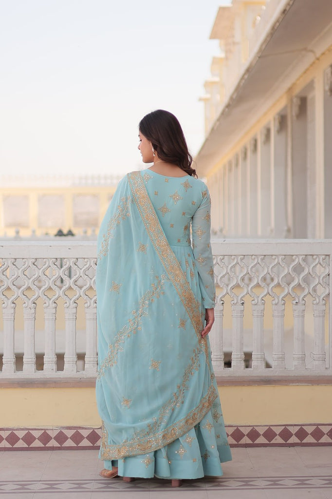 Faux Georgette Sky Blue Gown with Zari & Sequin Embroidered Dupatta ClothsVilla