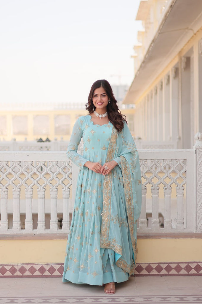 Faux Georgette Sky Blue Gown with Zari & Sequin Embroidered Dupatta ClothsVilla