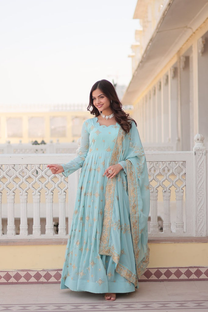 Faux Georgette Sky Blue Gown with Zari & Sequin Embroidered Dupatta ClothsVilla