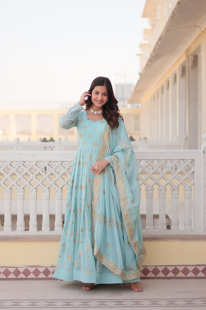 Faux Georgette Sky Blue Gown with Zari & Sequin Embroidered Dupatta ClothsVilla