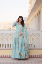 Load image into Gallery viewer, Faux Georgette Sky Blue Gown with Zari &amp; Sequin Embroidered Dupatta ClothsVilla